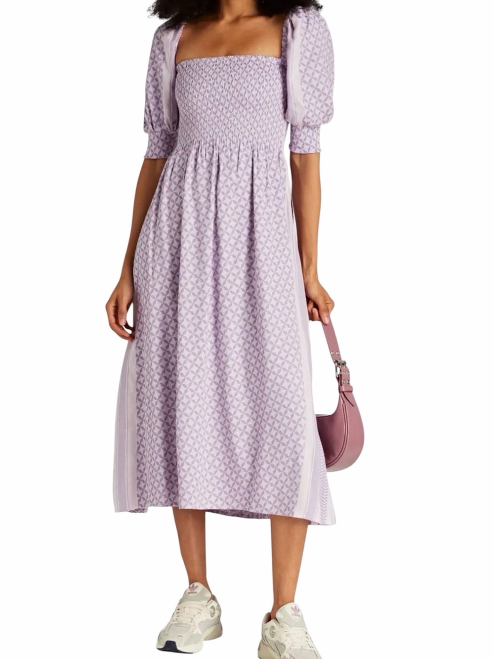 Smocked Square-Neck Midi Dress in Light Lavender